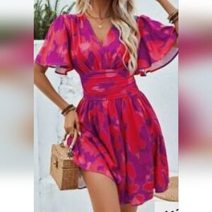 Pink and Purple Summer Dress Flutter Sleeve Sundress
